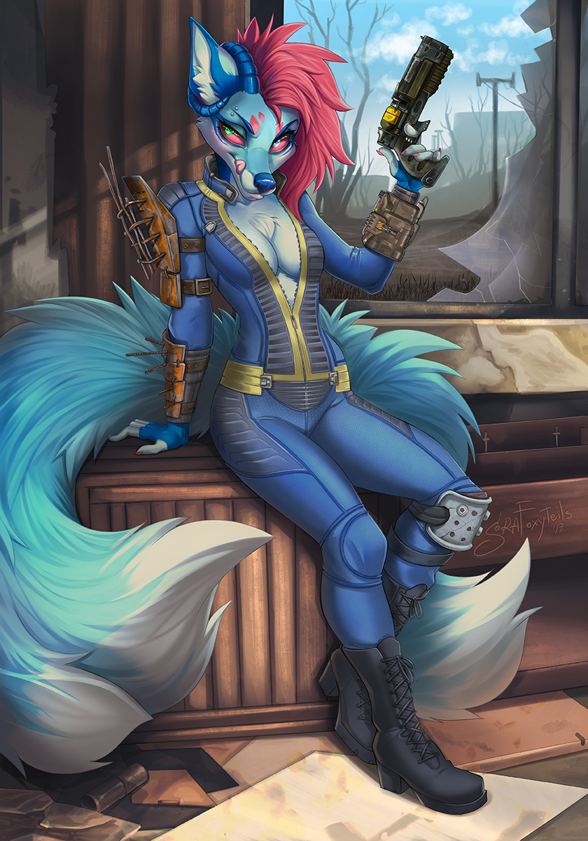 2017 5_fingers anthro blue_fur blue_nose breasts canine clothed clothing curved_horn day demon detailed_background digital_media_(artwork) fallout female fox fur gun hair heterochromia holding_object holding_weapon horn inside mammal pink_hair ranged_weapon sky solo sora_(sorafoxyteils) sorafoxyteils tongue video_games weapon