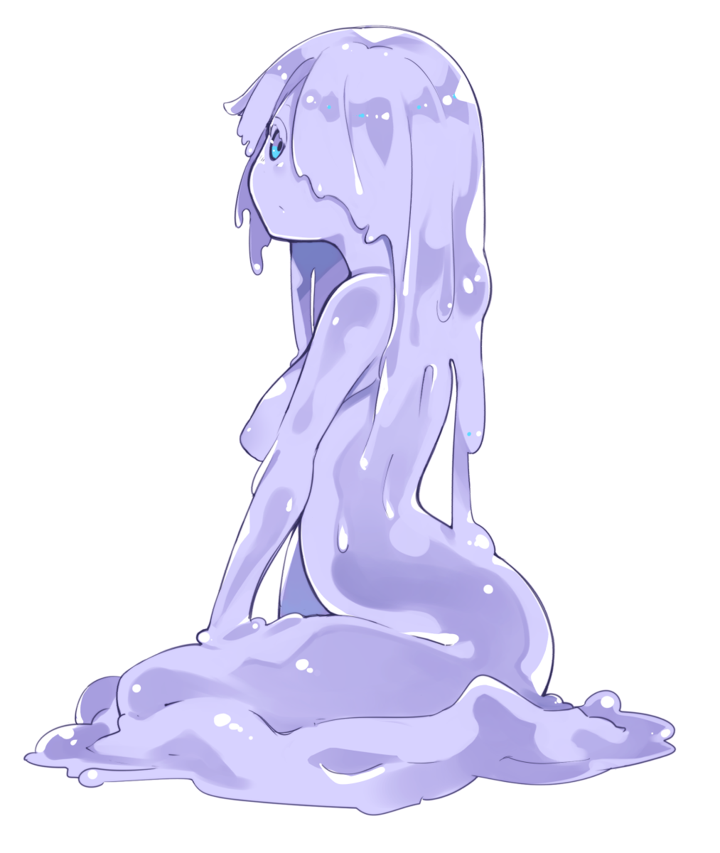 blue_eyes breasts commentary_request from_side full_body goo_girl hair_over_one_eye highres lavender_hair lavender_skin long_hair looking_at_viewer medium_breasts melting monster_girl nude one_eye_covered original simple_background solo tsunekichi white_background