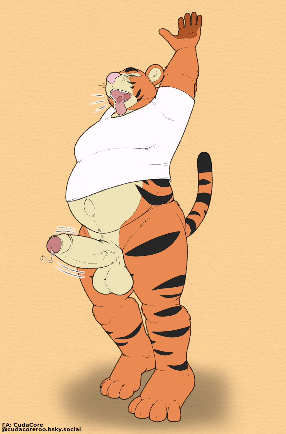 anthro balls belly bottomless clothed clothing cudacore disney erection feet felid genitals hi_res himbo male mammal mature_male navel open_mouth outie_navel pantherine paws penis shirt slightly_chubby stretching tail tiger tigger toes topwear winnie_the_pooh_(franchise) yawn