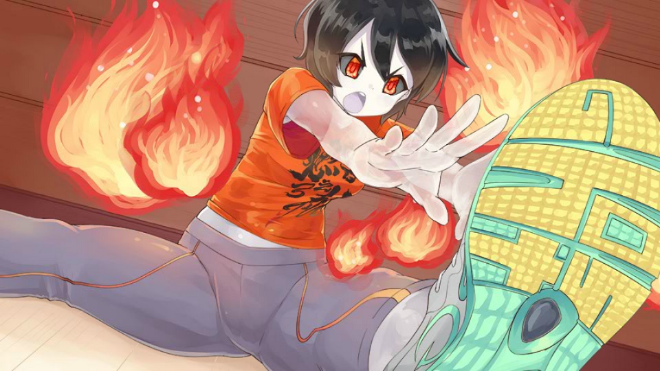 1girl artist_request black_hair colored_sclera colored_skin fire game_cg grey_sclera grey_skin hair_between_eyes kasuka_(monster_musume) midriff monster_musume_no_iru_nichijou monster_musume_no_iru_nichijou_online official_art open_mouth pants print_shirt semi-transparent shirt shoes short_hair sneakers solo stretching teeth upper_teeth_only yoga_pants