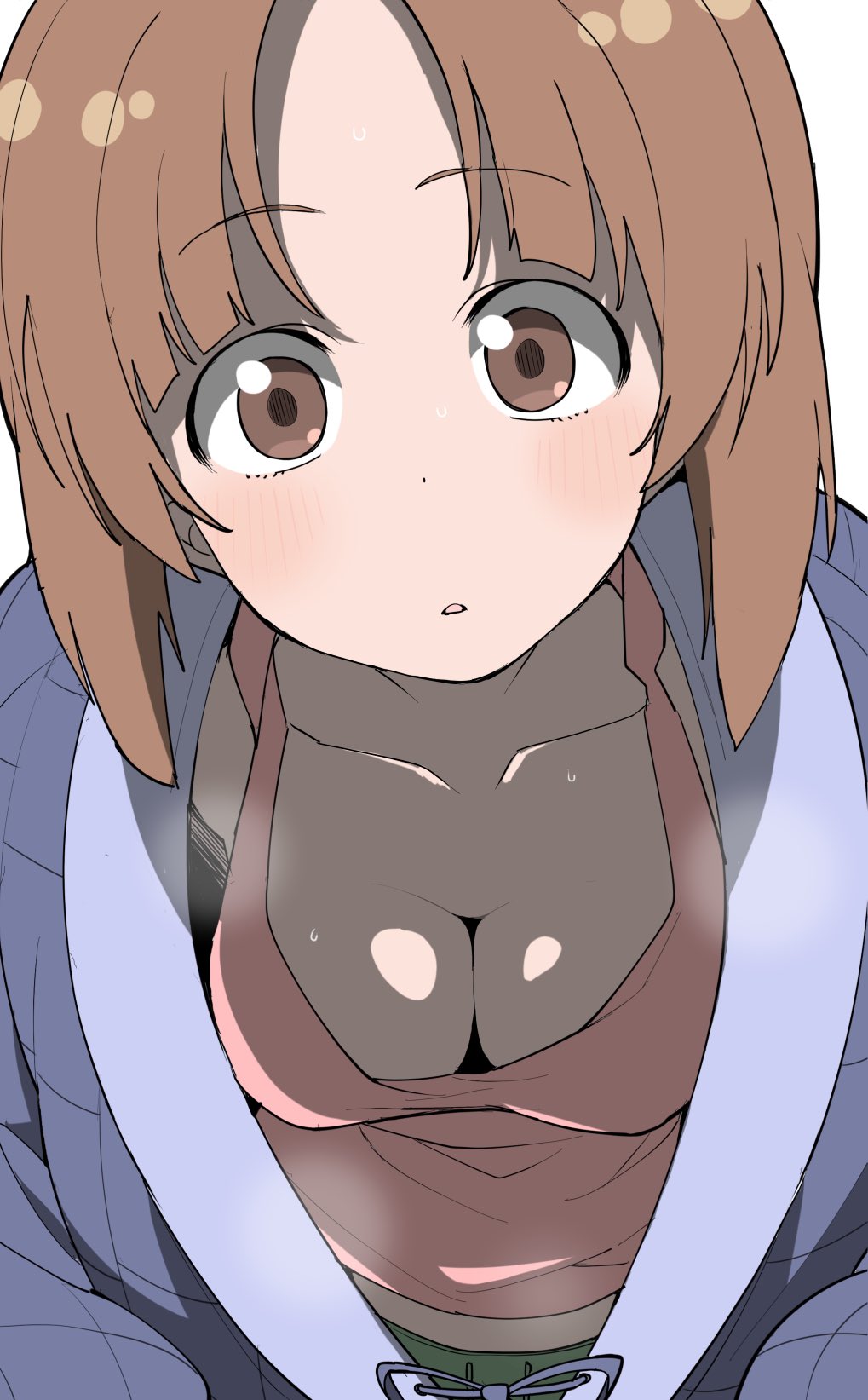 1girl blue_kimono breasts brown_eyes brown_hair cleavage collarbone commentary dotera_(clothes) downblouse girls_und_panzer henyaan_(oreizm) highres japanese_clothes kimono leaning_forward light_blush looking_at_viewer medium_breasts medium_hair nishizumi_miho open_clothes open_kimono parted_bangs parted_lips pink_tank_top simple_background solo steaming_body tank_top upper_body white_background