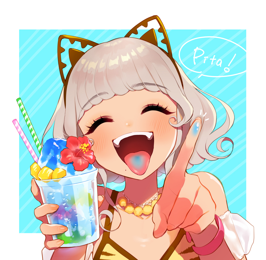 1girl :d ^_^ animal_ears animal_print bikini blue_background blue_tongue bracelet brown_hairband cat_ears closed_eyes colored_tongue commentary_request cup curly_hair drinking_straw facing_viewer flower food grey_hair hairband hands_up hibiscus holding holding_cup index_finger_raised jewelry necklace open_mouth oshiri_(o4ritarou) pretty_series pripara red_flower shaved_ice short_hair smile solo speech_bubble swimsuit taiyo_pepper tan tiger_print tongue tongue_out upper_body yellow_bikini