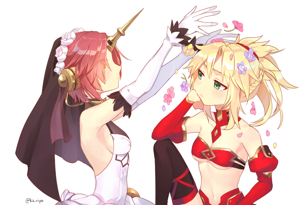 2girls arms_up bandeau bangs bare_shoulders blonde_hair braid breasts brown_eyes closed_mouth cola detached_sleeves dress eyebrows_visible_through_hair fate/apocrypha fate/grand_order fate_(series) flower frankenstein's_monster_(fate) frankenstein's_monster_(fate) gloves green_eyes hair_between_eyes hair_flower hair_ornament hair_scrunchie juliet_sleeves kz_ripo long_hair long_sleeves looking_at_another mordred_(fate) mordred_(fate)_(all) multiple_girls navel pink_flower pink_hair ponytail profile puffy_sleeves purple_flower red_bandeau red_scrunchie red_sleeves scrunchie sidelocks simple_background sitting sleeveless sleeveless_dress small_breasts white_background white_dress white_gloves yellow_flower