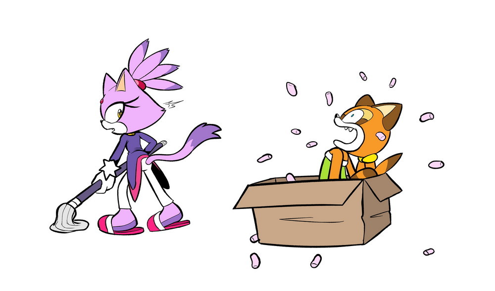 2girls alotaart animal_ears blaze_the_cat box cardboard_box cat_ears cat_tail flippers forehead_jewel holding holding_mop in_box in_container looking_at_another marine_the_raccoon mop multiple_girls open_mouth packing_peanuts raccoon_ears raccoon_tail simple_background sonic_(series) sonic_rush_adventure tail white_background