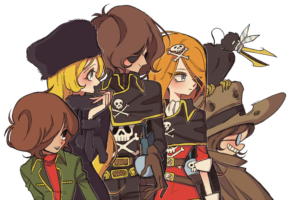 2girls 3boys bird black_headwear black_jacket blonde_hair blue_eyes brown_gloves brown_hair brown_headwear closed_mouth emeraldas eyepatch fur_hat ginga_tetsudou_999 glasses gloves green_jacket grin hair_ornament hair_over_one_eye hand_up harlock harlock_saga hat hoshino_tetsurou jacket lineup long_hair long_sleeves maetel meremero multiple_boys multiple_girls ooyama_toshiro orange_hair profile red_sweater short_hair simple_background skull_hair_ornament skull_print smile standing sweater torn_clothes torn_hat uchuu_kaizoku_captain_harlock white_background