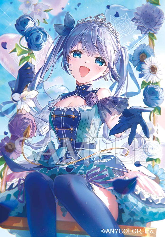1girl :d aio_desu aqua_bow aqua_dress asymmetrical_sleeves balloon beckoning blue_bow blue_dress blue_eyes blue_flower blue_gloves blue_hair blue_rose blue_thighhighs bow breasts butterfly_earrings choppy_bangs cleavage cleavage_cutout clothing_cutout copyright_notice corsage dahlia day dress earrings feet_out_of_frame flower flower_swing gerbera gloves hair_bow heart_balloon jewelry knees_together_feet_apart light_blush long_hair long_sleeves looking_at_viewer nijisanji official_art petticoat pinstripe_pattern purple_flower purple_ribbon purple_rose ribbon rose sample_watermark see-through see-through_sleeves short_sleeves shorts_under_dress single_bare_shoulder single_earring sitting smile solo striped swing thighhighs tiara virtual_youtuber waist_bow watermark white_flower white_rose yuuki_chihiro