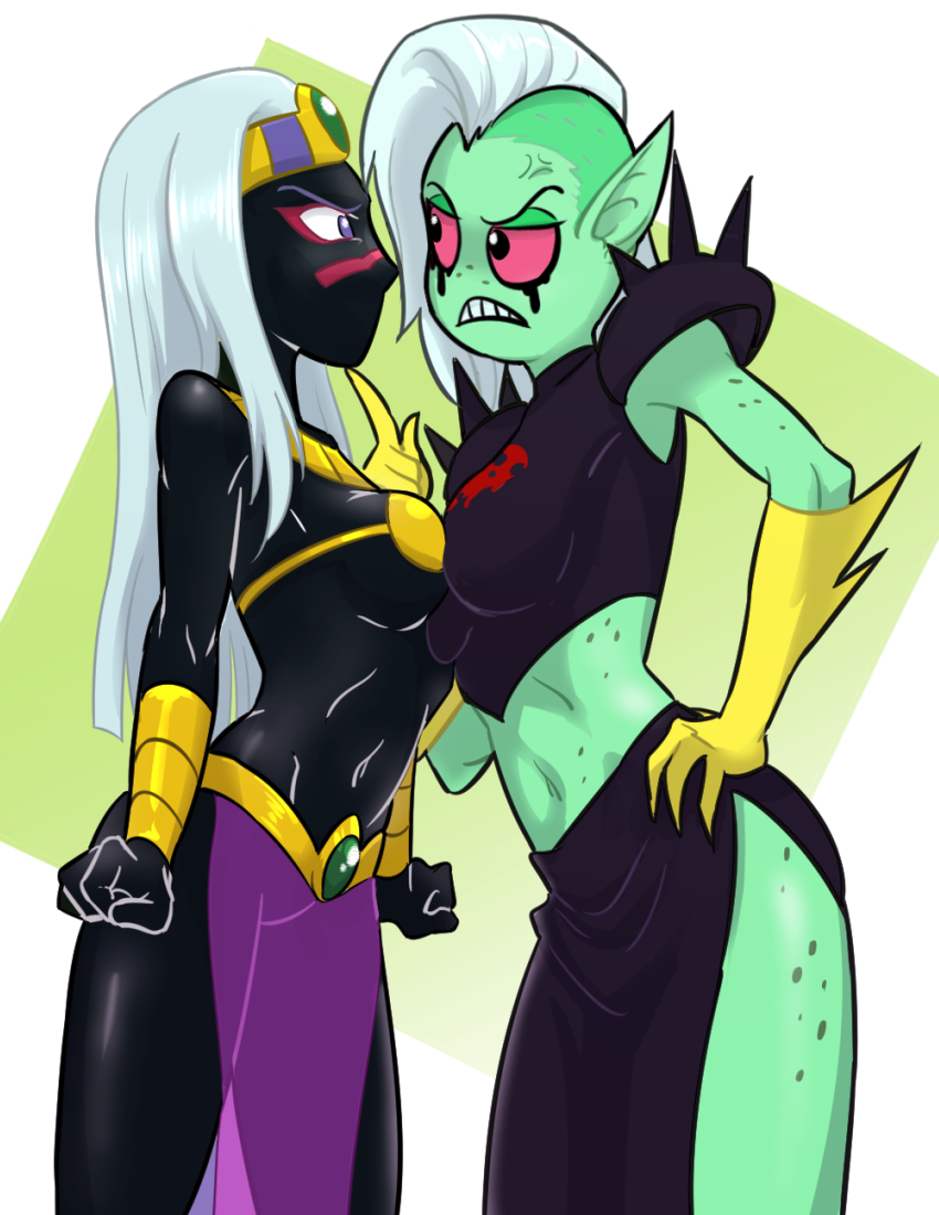 2017 alien alien_humanoid breasts centinel303 clothed clothing cross-popping_vein crossover disney duck_dodgers duo eyebrows female fingers fist freckles gloves hair hand_on_hip hand_on_own_hip handwear humanoid humanoid_pointy_ears long_hair lord_dominator martian midriff mouthless noseless not_furry pink_sclera purple_eyes queen_tyr'ahnee standing translucent translucent_clothing wander_over_yonder white_hair