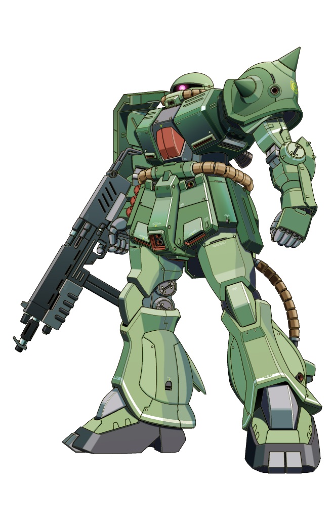 assault_rifle cable commentary_request concept_art gun gundam gundam_0080 hose joy_(cyber_x_heaven) looking_ahead machinery mecha mecha_focus mobile_suit no_humans one-eyed original red_eyes redesign rifle robot science_fiction shoulder_spikes spikes weapon white_background zaku_ii zaku_ii_fz_kai