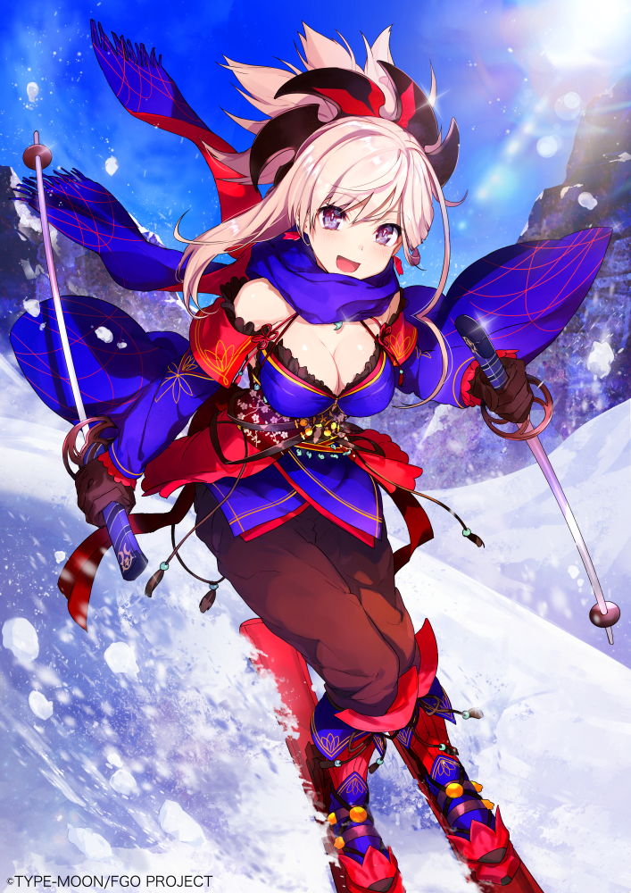:d adapted_costume bangs bare_shoulders black_gloves black_pants blue_eyes blue_footwear blue_kimono blue_scarf blue_sky blush boots breasts cleavage day detached_sleeves eyebrows_visible_through_hair fate/grand_order fate_(series) fringe_trim full_body glint gloves hair_ornament holding japanese_clothes kimono knee_boots lens_flare light_rays long_hair long_sleeves looking_at_viewer magatama medium_breasts mika_pikazo miyamoto_musashi_(fate/grand_order) motion_blur mountain obi open_mouth outdoors pants pink_hair ponytail sash scarf ski_pole skiing skis sky smile snow solo sunbeam sunlight tassel