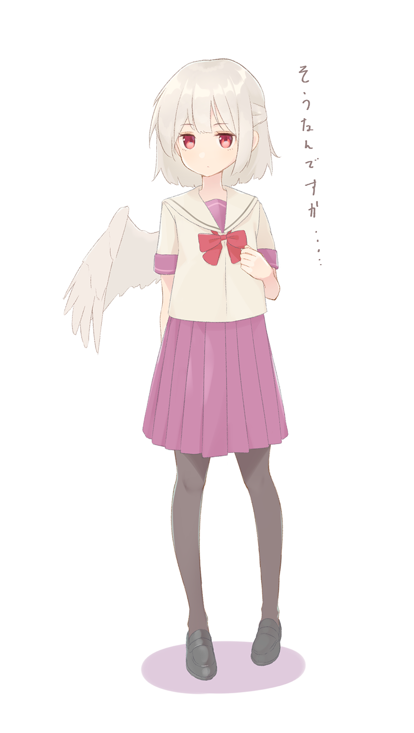 1girl alternate_costume black_footwear black_thighhighs bow bowtie closed_mouth commentary feathered_wings grey_hair grey_wings highres kanpa_(campagne_9) kishin_sagume loafers looking_at_viewer purple_skirt red_bow red_bowtie red_eyes school_uniform shadow shoes short_hair short_sleeves simple_background single_wing skirt solo thighhighs touhou translated white_background white_hair wings