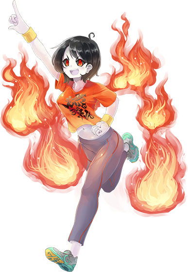 1girl artist_request black_hair colored_sclera colored_skin crop_top cropped_shirt fire full_body game_cg grey_sclera grey_skin kasuka_(monster_musume) midriff monster_musume_no_iru_nichijou monster_musume_no_iru_nichijou_online navel official_art open_mouth pants print_shirt shirt shoes short_hair sneakers solo tachi-e teeth transparent_background upper_teeth_only wristband yellow_wristband yoga_pants