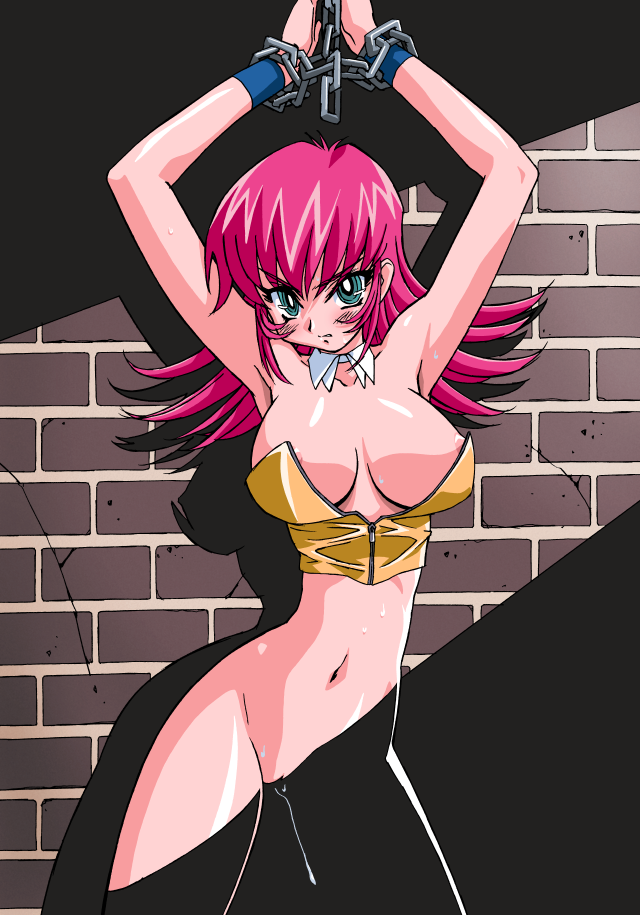 1girl against_wall aqua_eyes aqua_hair arms_up bottomless bound bound_wrists breasts brick_wall bright_pupils chain chained chained_wrists cowboy_shot flipped_hair kimura_takahiro large_breasts long_hair looking_at_viewer navel nipple_slip nipples nude official_art photoshop_(medium) pink_hair raika_grace restrained ringed_eyes solo standing sweat viper viper_f40 wristband