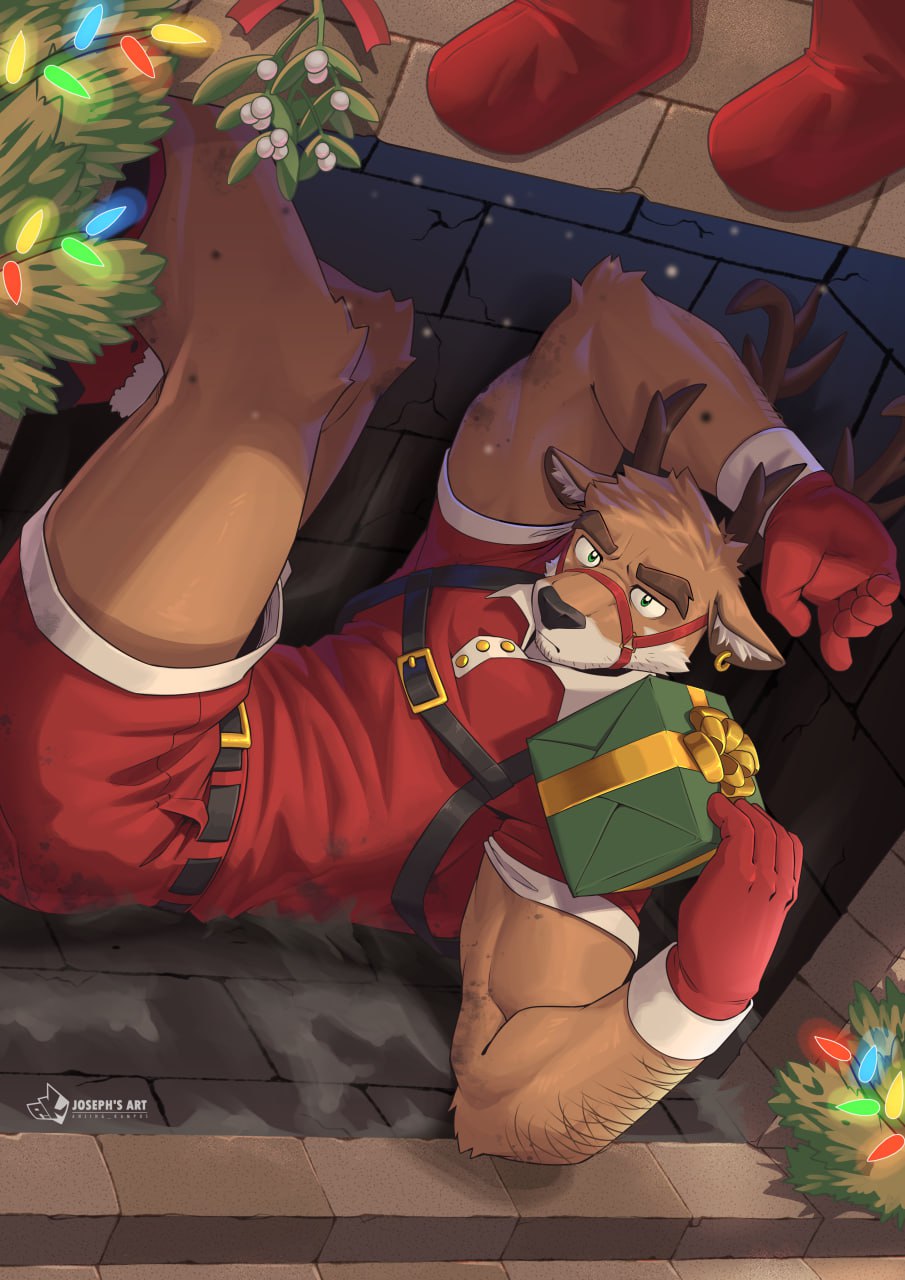 anjing_kampuss anthro antlers arm_hair body_hair brown_body brown_fur chimney christmas christmas_lights christmas_present christmas_stocking christmas_tree clothed clothing deer fully_clothed fur gift green_eyes hi_res holidays horn inside looking_at_viewer lying male mammal muscular muscular_anthro muscular_male new_world_deer on_back plant reindeer shirt solo soot topwear tree