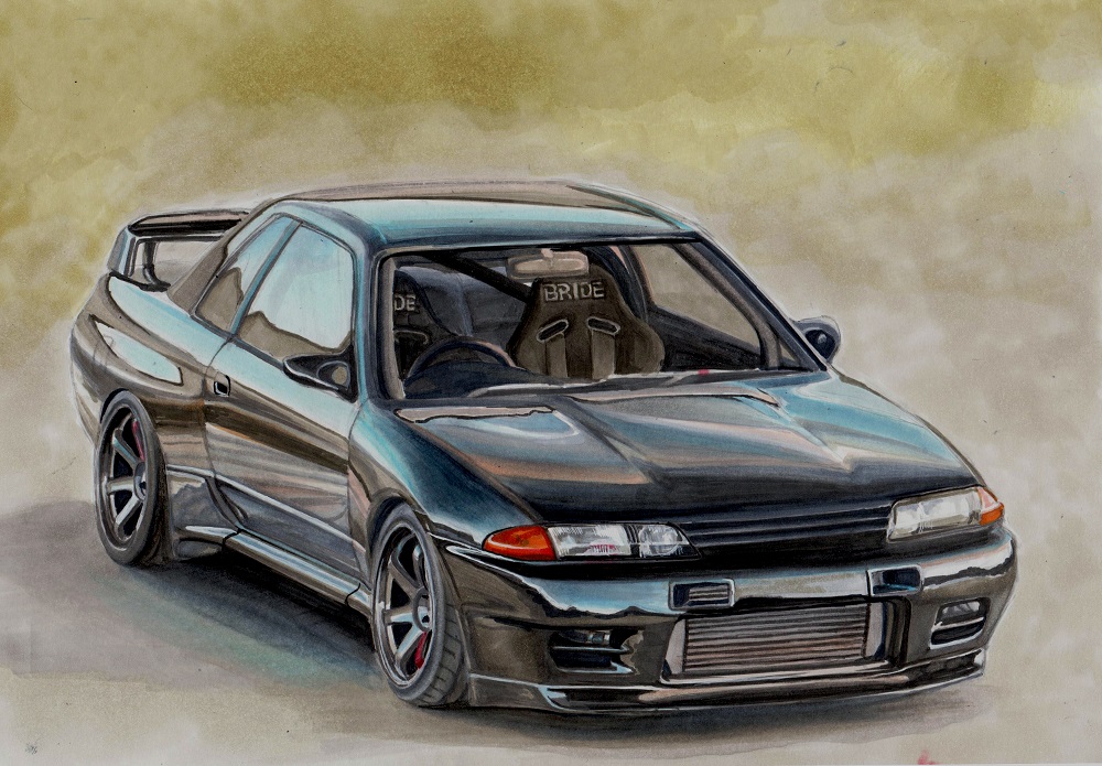 black_car car colored_pencil_(medium) motor_vehicle nissan nissan_skyline nissan_skyline_gt-r nissan_skyline_r32 no_humans original recaro simple_background spoiler_(automobile) traditional_media vehicle_focus yellow_background