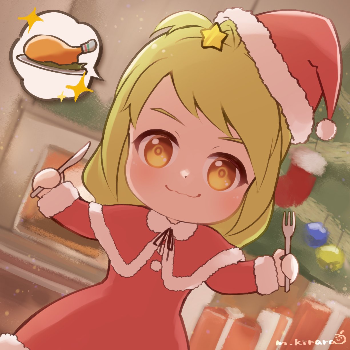 1girl artist_name azur_lane box chibi christmas christmas_tree closed_mouth dress fireplace food fork gift gift_box green_hair hair_ornament hands_up hat highres holding holding_fork holding_knife indoors knife looking_at_viewer m_kirara omaha_(azur_lane) plate red_dress red_headwear santa_costume santa_dress santa_hat signature smile solo sparkle speech_bubble star_(symbol) star_hair_ornament swept_bangs tilted_headwear turkey_(food) yellow_eyes