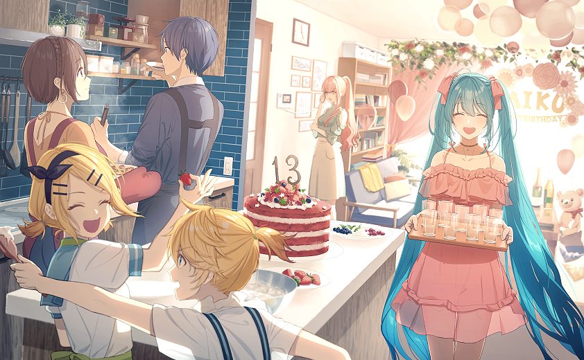 2boys 4girls apron aqua_hair arm_up balloon bare_shoulders birthday_cake black_hairband blonde_hair blue_eyes blue_hair blue_sailor_collar blue_shirt blush bookshelf bow braid brown_hair cake character_name closed_eyes collarbone commentary_request cooking cowboy_shot cup curtains dangle_earrings dress earrings eyelashes food frilled_dress frills from_behind fruit green_apron green_shirt hair_bow hairband hand_up hatsune_miku holding holding_spatula holding_tray indoors jewelry kagamine_len kagamine_rin kaito_(vocaloid) kitchen long_hair long_sleeves looking_at_another megurine_luka meiko_(vocaloid) mrym09yutaka multiple_boys multiple_girls necklace off-shoulder_dress off_shoulder open_mouth parted_bangs picture_frame pink_bow pink_dress plant ponytail potted_plant red_apron sailor_collar see-through see-through_dress shadow shirt short_hair short_ponytail sidelocks skirt spatula standing strawberry stuffed_animal stuffed_toy teddy_bear tray twintails upper_body very_long_hair vocaloid white_shirt white_skirt