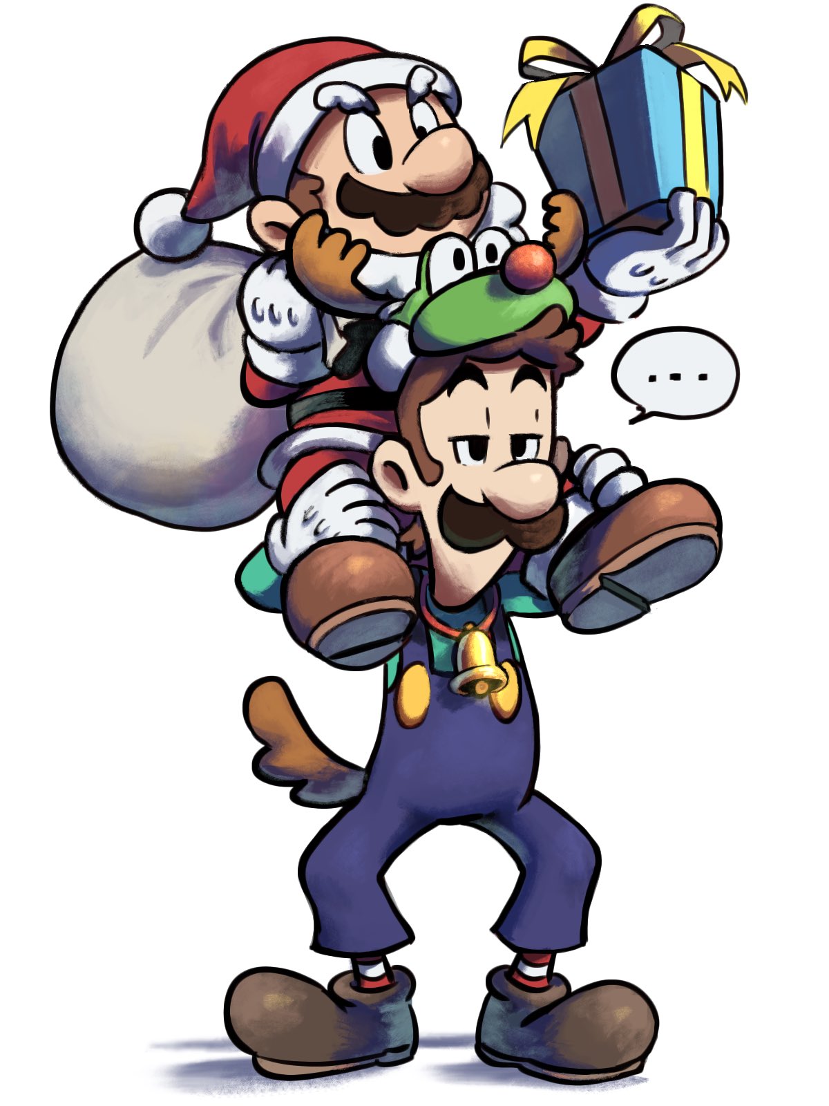 ... 2boys alternate_costume antlers blue_overalls boots brothers brown_footwear brown_hair brown_tail carrying christmas deer_antlers deer_tail facial_hair fake_tail full_body gift gloves green_shirt hat highres holding holding_gift holding_sack jacket luigi mario mario_&amp;_luigi_rpg mario_(series) masanori_sato_(style) multiple_boys mustache overalls pants piggyback red_jacket red_pants red_socks sack santa_hat shirt short_hair siblings simple_background socks speech_bubble striped striped_socks tail uninterested white_background white_gloves white_socks ya_mari_6363