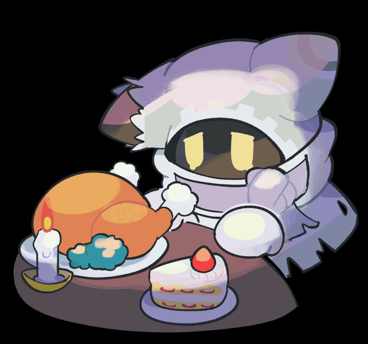1boy black_background cake candle chicken_(food) food gloves kirby's_return_to_dream_land_deluxe kirby_(series) magolor magolor_epilogue male_focus ni_re no_humans plate sad simple_background solo strawberry_shortcake torn_clothes yellow_eyes