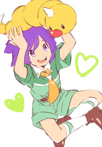 1boy ascot belt brown_belt brown_footwear bugsy_(pokemon) commentary_request green_shirt heart lowres open_mouth orange_mikan pokemon pokemon_(creature) pokemon_hgss purple_eyes purple_hair shirt shoes short_sleeves shorts simple_background smile socks weedle white_socks yellow_ascot