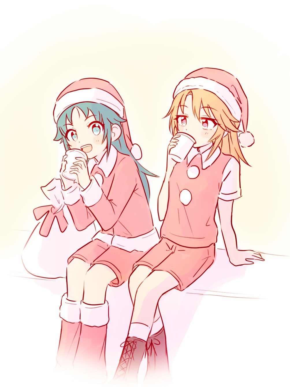 0141_ok 2girls arm_support blue_eyes blush boots christmas commentary_request cup dot_nose drinking fur-trimmed_footwear fur_trim green_hair hat highres holding holding_cup idolmaster idolmaster_cinderella_girls jacket long_hair long_sleeves looking_at_viewer multiple_girls nanjo_hikaru orange_hair pink_eyes pom_pom_(clothes) red_footwear red_headwear red_jacket red_shirt red_shorts sack santa_costume santa_hat shirt short_sleeves shorts sidelocks sitting smile upper_body white_sleeves yellow_background yuuki_haru