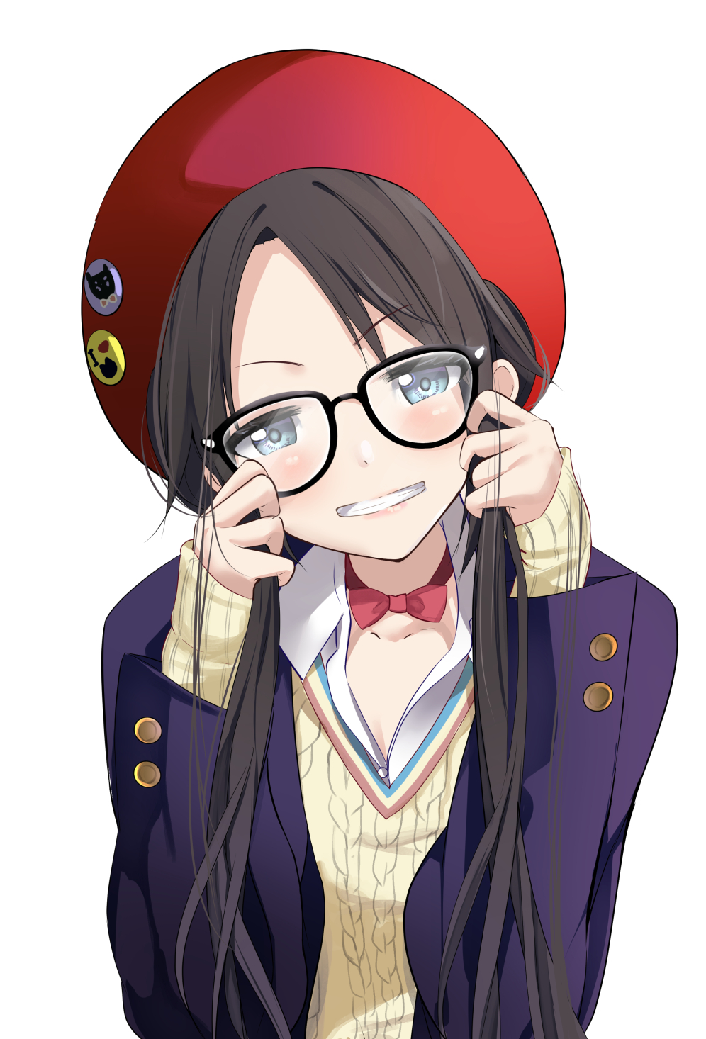1girl adjusting_eyewear bangs beret black_hair blue_eyes blush bow bowtie buttons cardigan collarbone commentary_request eyebrows_visible_through_hair glasses hat highres idolmaster idolmaster_shiny_colors jacket long_hair looking_at_viewer mitsumine_yuika open_collar open_mouth schreibe_shura shirt smile solo twintails upper_body white_background