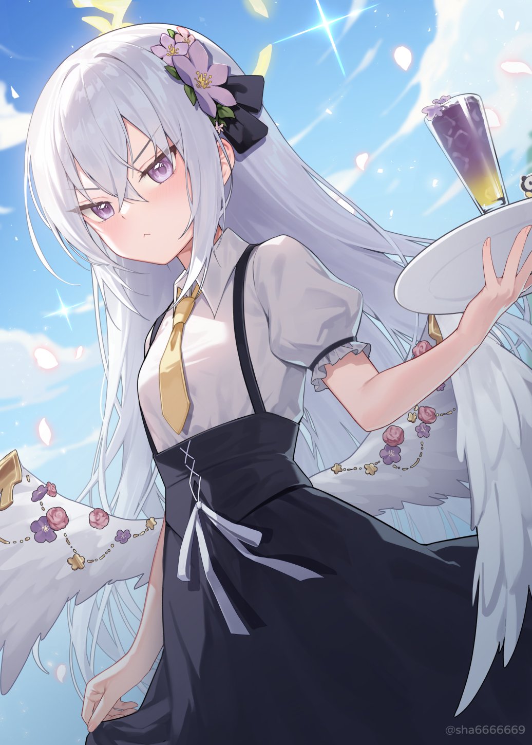 1girl :&lt; angel_wings azusa_(blue_archive) black_skirt blue_archive blush closed_mouth collared_shirt cup drink drinking_glass feathered_wings flower grey_hair hair_between_eyes hair_flower hair_ornament halo highres holding long_hair necktie puffy_short_sleeves puffy_sleeves purple_eyes purple_flower shirt short_sleeves shrimp_cake skirt skirt_hold solo white_shirt white_wings wings yellow_halo yellow_necktie