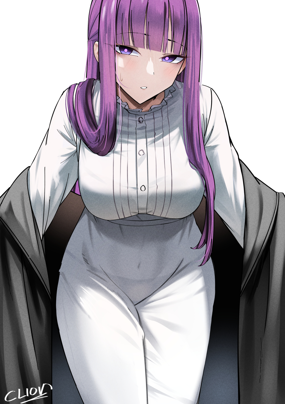 1girl black_coat blunt_bangs blush breasts cliov coat dress fern_(sousou_no_frieren) highres large_breasts long_hair long_sleeves looking_at_viewer off_shoulder open_clothes open_coat purple_eyes purple_hair sidelocks solo sousou_no_frieren white_dress