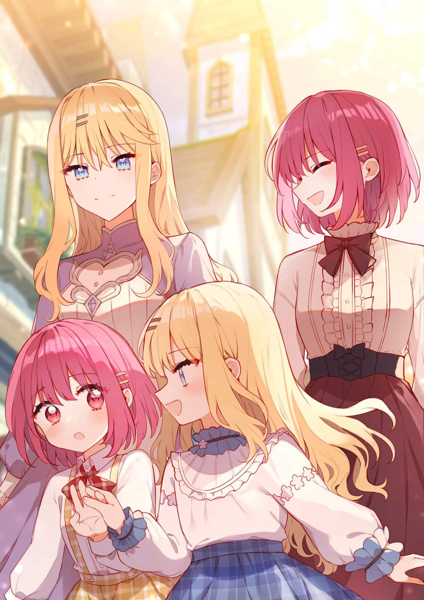 4girls blonde_hair blue_eyes blush bow bowtie day elsa_dorothy family hair_ornament hairclip highres holding_hands if_they_mated ips_cells long_hair looking_at_another medium_hair mother_and_daughter multiple_girls open_mouth outdoors please_bully_me_miss_villainess! red_eyes red_hair shirt skirt smile town wife_and_wife yuri yuzuchi85 yvonne_smollett