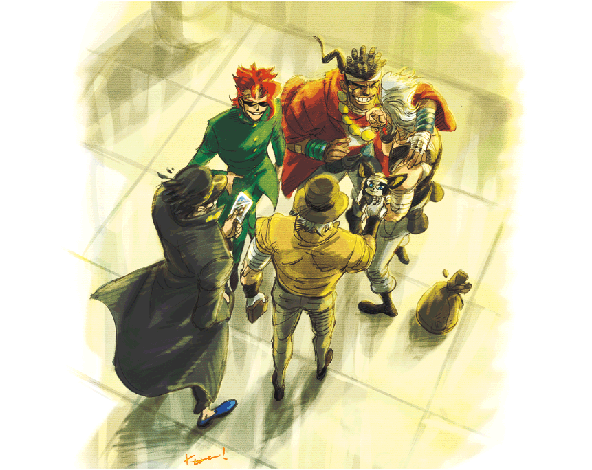 5boys animal back bag bandages blue_footwear coat commentary_request dog full_body gakuran hat iggy_(jojo) jean_pierre_polnareff jojo_no_kimyou_na_bouken joseph_joestar kakyoin_noriaki kotteri kujo_jotaro long_coat male_focus mohammed_avdol multiple_boys orange_hair pants school_uniform short_hair smile sunglasses