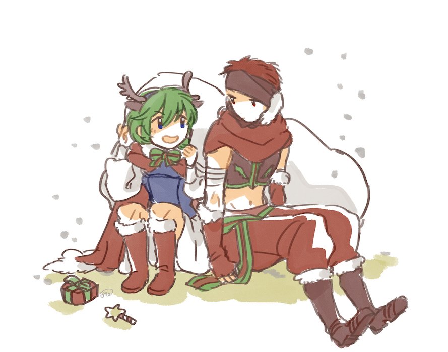 1boy 1girl antlers bandage blue_eyes boots box brown_hair cape fingerless_gloves fire_emblem fire_emblem:_rekka_no_ken fire_emblem_heroes fur_trim gift gift_box gloves green_hair headband jaffar_(fire_emblem) knee_boots long_sleeves looking_to_the_side murabito_ba nino_(fire_emblem) nintendo open_mouth pants red_footwear red_gloves red_pants reindeer_antlers sack short_hair simple_background sitting skirt white_background white_skirt