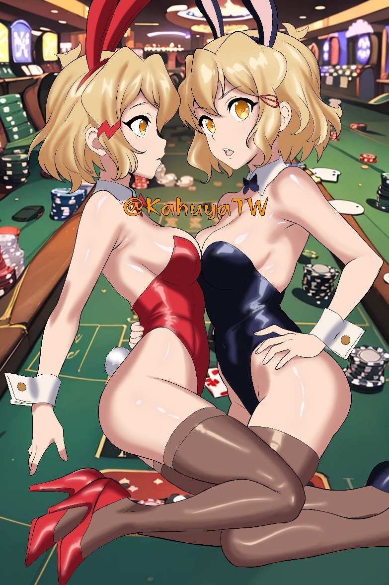 2girls animal_ears armpits blonde_hair blue_bow blue_bowtie blue_footwear blue_leotard bow bowtie breast_press breasts brown_thighhighs casino closed_mouth collar fake_animal_ears fake_tail feet_out_of_frame from_side full_body groin hand_on_another's_hip hand_on_own_hip high_heels kahuyatw kneeling leotard looking_at_another looking_at_viewer medium_breasts multiple_girls open_mouth playboy_bunny poker_chip rabbit_ears rabbit_tail red_bow red_bowtie red_footwear red_leotard senki_zesshou_symphogear shiny_skin short_hair sideboob signature slot_machine stiletto_heels strapless strapless_leotard symmetrical_docking tachibana_hibiki_(symphogear) tachibana_hibiki_(symphogear)_(another) tail teeth thighhighs thighs upper_teeth_only white_collar yellow_eyes