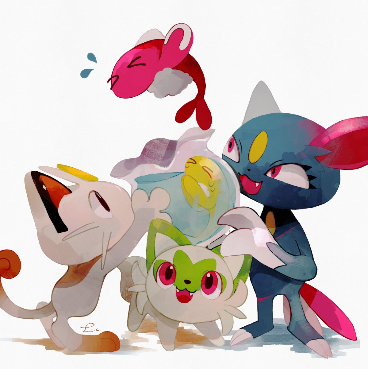 animal_focus claws closed_eyes commentary_request fangs fishbowl forehead_jewel green_fur highres holding li04r meowth no_humans open_mouth pokemon pokemon_(creature) red_eyes sneasel sprigatito tatsugiri tatsugiri_(droopy) tatsugiri_(stretchy) white_background