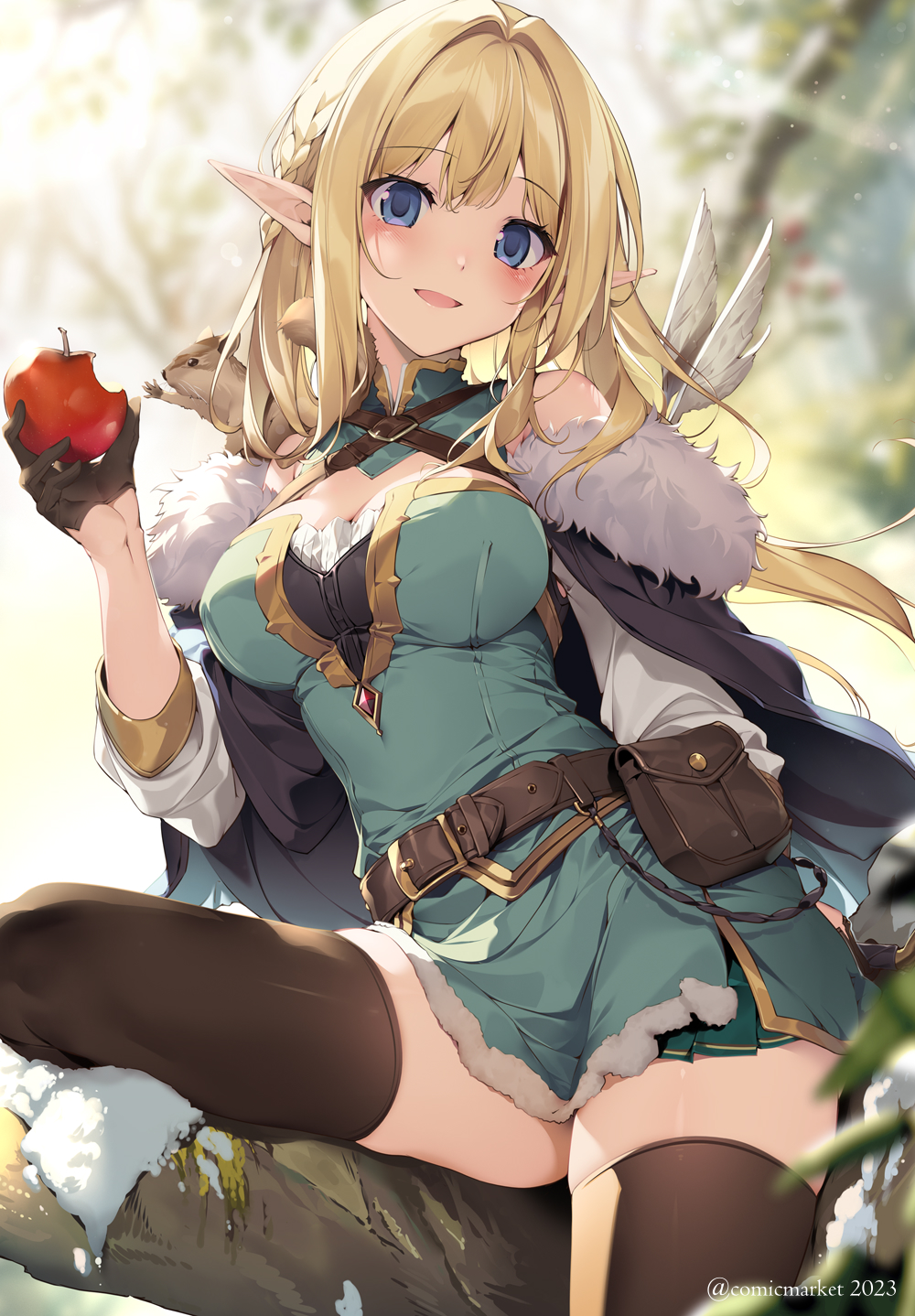 1girl apple belt belt_pouch black_thighhighs blonde_hair blue_eyes blush braid breasts cleavage coat commentary_request cowboy_shot dress elf food fruit fur-trimmed_coat fur_trim green_dress highres holding holding_food holding_fruit karory light_particles light_rays long_hair looking_at_viewer medium_breasts open_mouth original outdoors pointy_ears pouch short_dress side_braid smile snow solo squirrel thighhighs wind wings