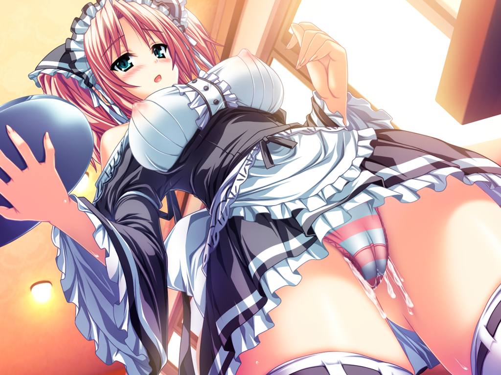 akaza amasaka_miko blush cum erect_nipples game_cg henshin_3 may-be_soft panties pink_hair skirt striped_panties underwear upskirt waitress