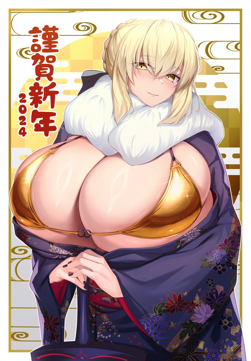 1girl 2024 alternate_breast_size artoria_pendragon_(fate) bikini breasts cleavage fate/grand_order fate_(series) gigantic_breasts gold_bikini happy_new_year highres hirasawa_seiji horn_ornament horns huge_breasts japanese_clothes kimono nail_polish new_year planted planted_sword saber_alter smile swimsuit sword twitter_username weapon yellow_eyes