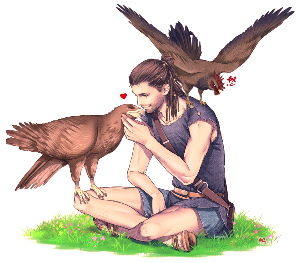 1boy affectionate alexios_(assassin's_creed) animal animal_on_shoulder assassin's_creed:_odyssey assassin's_creed_(series) bag beard_stubble belt bird bird_on_leg bird_on_shoulder braid brown_hair chicken eagle facial_hair flower hair_bun hair_pulled_back half_updo hand_up heart kiske looking_at_animal male_focus multiple_braids mustache_stubble on_ground petting profile rooster sandals shoe_soles shoulder_bag simple_background single_hair_bun smile stubble toned toned_male torn_clothes torn_sleeves tunic white_background