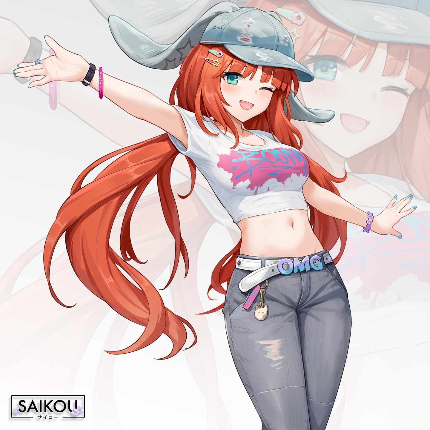 1girl ;d alternate_costume animal_ears arm_up baseball_cap belt blue_eyes blue_nails breasts cbmus clothes_writing commentary cosplay cowboy_shot crop_top denim ears_through_headwear fake_animal_ears genshin_impact grey_headwear grey_pants hair_ornament hairclip hanni_(newjeans) hanni_(newjeans)_(cosplay) hat highres k-pop long_hair looking_at_viewer low_twintails medium_breasts midriff nail_polish navel newjeans nilou_(genshin_impact) omg_(newjeans) one_eye_closed open_mouth outstretched_arms pants rabbit_ears red_hair second-party_source shirt short_sleeves smile solo standing stomach torn_clothes torn_pants twintails very_long_hair white_background white_shirt wristband zoom_layer