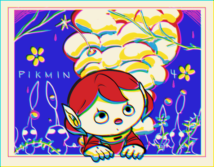 1girl :o black_eyes blue_background blue_pikmin border buttons commentary_request copyright_name eyelashes flower gloves holding_hands ice_pikmin jumpsuit leaf looking_at_viewer no_headwear parted_lips pikmin_(creature) pikmin_(series) pikmin_4 plant plump pointy_ears purple_pikmin radio_antenna rain red_hair red_jumpsuit rescue_officer_(pikmin) short_hair smoke solid_circle_eyes spacesuit triangle_mouth upper_body usuba_(hatomugip) very_short_hair vines white_border white_gloves white_pikmin winged_pikmin yellow_flower