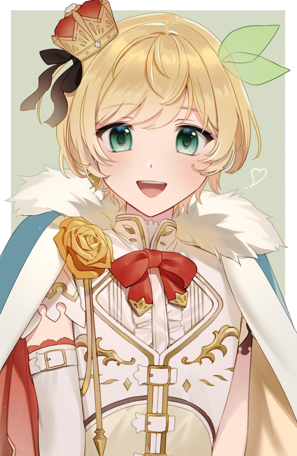 1boy black_ribbon blonde_hair bow bowtie cape collared_shirt crown elbow_gloves flower fur-trimmed_cape fur_trim gloves green_eyes hair_ribbon heart highres looking_at_viewer mini_crown nijisanji njcccsj open_mouth otoko_no_ko red_bow red_bowtie ribbon rose shirt short_hair simple_background smile solo suzuya_aki suzuya_aki_(7th_costume) virtual_youtuber white_gloves white_shirt yellow_flower yellow_rose