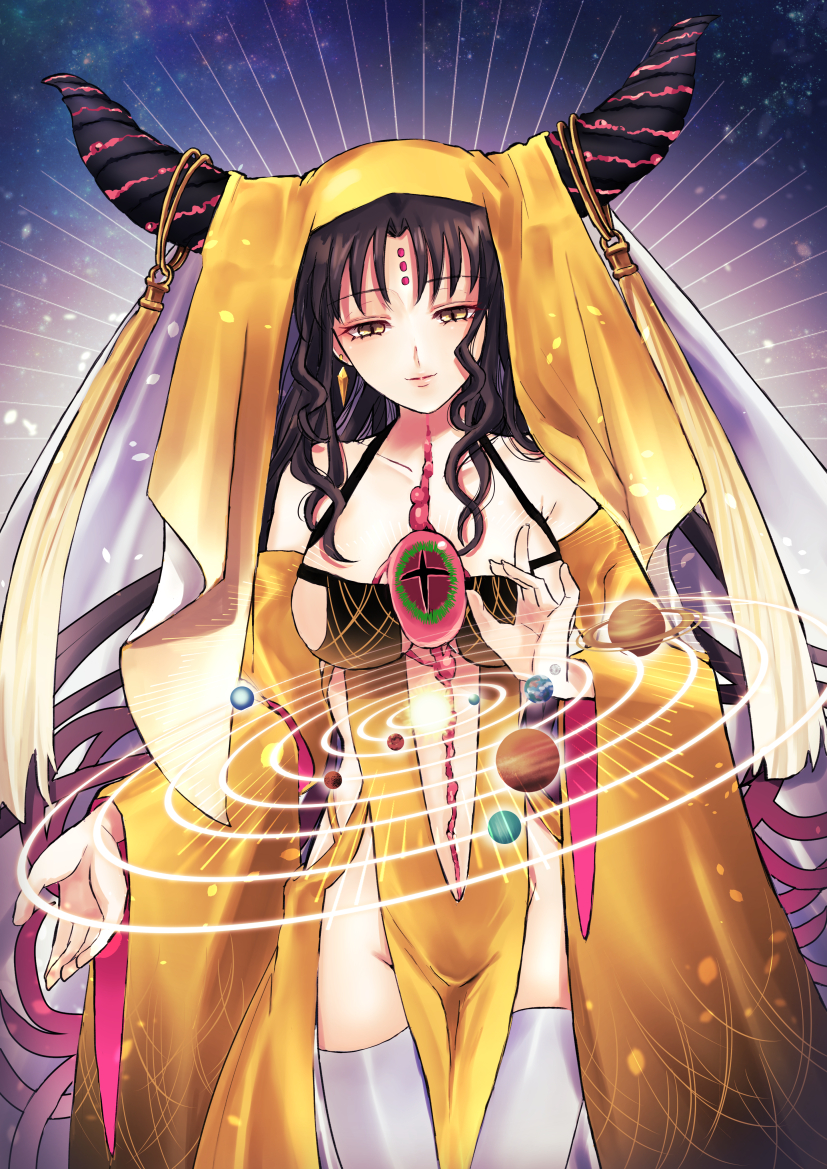 1girl black_dress black_hair black_horns black_sleeves breasts closed_mouth clothing_cutout cowboy_shot dangle_earrings dress earrings eyeball fate/grand_order fate_(series) forehead_tattoo gold_earrings gradient_dress gradient_sleeves groin horn_ornament horn_ring horns jewelry large_breasts long_hair long_sleeves looking_down merokonbu0 multicolored_hair multicolored_horns orbital_path parted_bangs pelvic_curtain pink_hair planet red_horns revealing_clothes sessyoin_kiara sessyoin_kiara_(beast_iii/r) side_cutout sideboob slit_pupils smile solar_system solo space spiral_horn stomach_cutout streaked_hair tassel thighhighs very_long_hair white_thighhighs wide_sleeves yellow_dress yellow_eyes yellow_sleeves yellow_veil