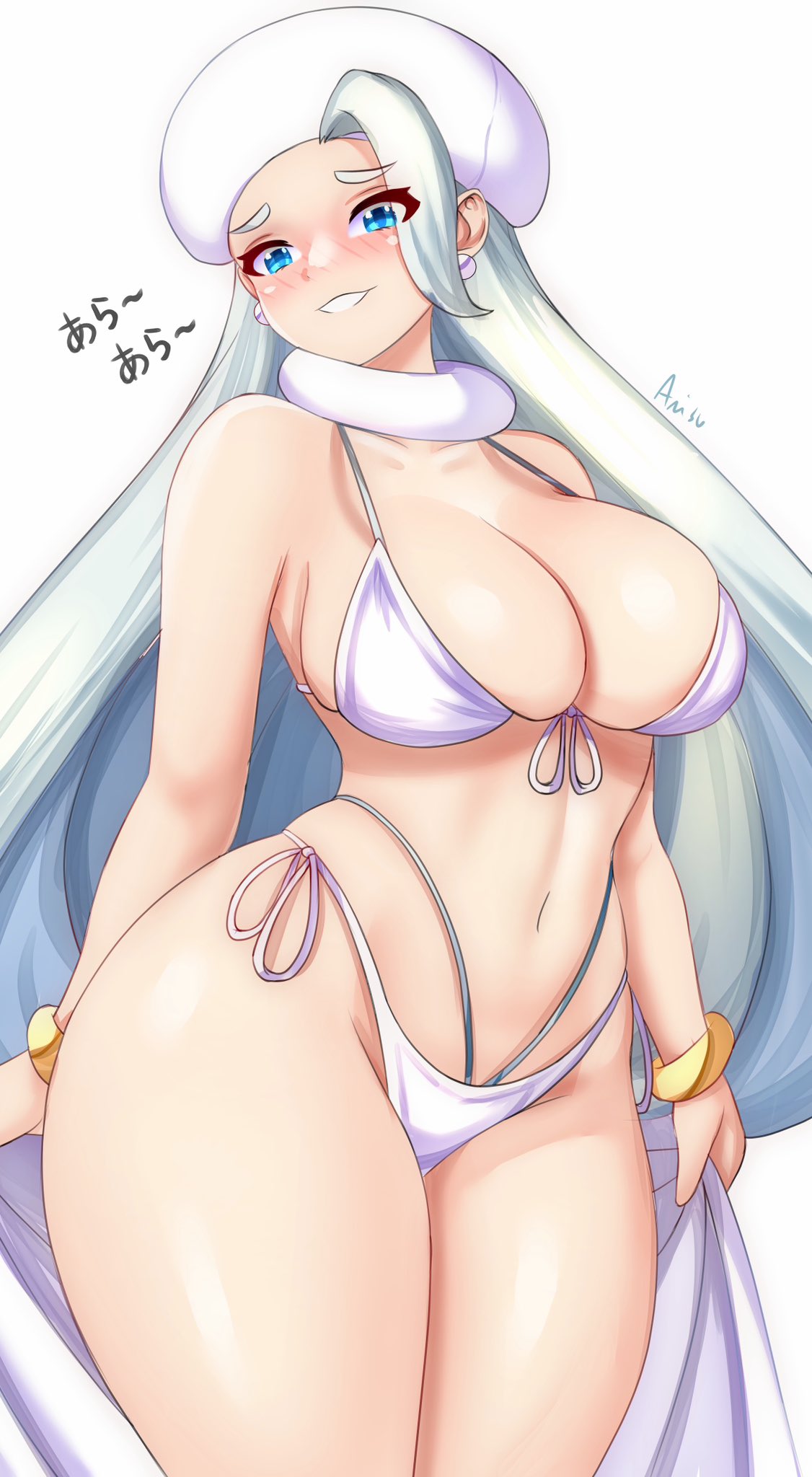 1girl anisdrawn bare_arms bare_shoulders beret bikini blue_eyes blush breasts commentary cowboy_shot grey_hair grin groin hat head_tilt highres large_breasts long_hair looking_at_viewer melony_(pokemon) navel nose_blush pokemon pokemon_swsh simple_background smile solo standing stomach swimsuit thick_thighs thighs translation_request very_long_hair white_background white_bikini white_headwear