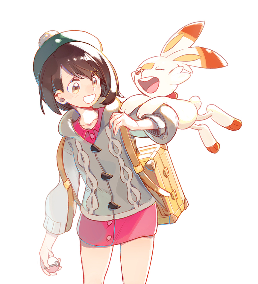 1girl bag brown_eyes brown_hair cardigan dress gloria_(pokemon) green_headwear grey_cardigan hat hi-fi_(fijazzy) holding holding_poke_ball long_sleeves one_eye_closed pink_dress poke_ball poke_ball_(basic) pokemon pokemon_(creature) pokemon_swsh scorbunny short_dress short_hair simple_background white_background