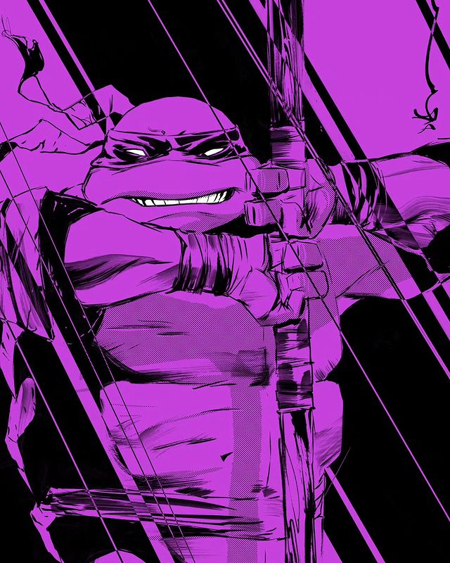 1boy bad_link donatello_(tmnt) duss005 holding holding_weapon looking_at_viewer male_focus mask mouth_mask ninja ninja_mask purple_background simple_background staff teenage_mutant_ninja_turtles teeth turtle_boy upper_body weapon wooden_staff