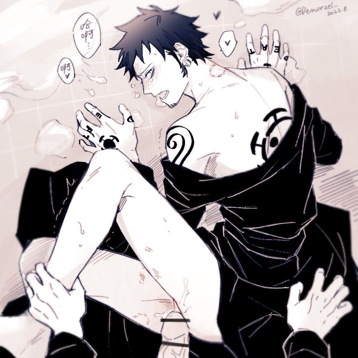 2boys ankle_grab ass back back_tattoo bite_mark bite_mark_on_neck blush censored commentary_request cum cum_on_legs demorzel earrings ejaculation erection facial_hair goatee hand_tattoo heart hickey highres jewelry looking_at_viewer monkey_d._luffy multiple_boys one_piece open_mouth penis shoulder_tattoo sweat tattoo tears thighs trafalgar_law translation_request veins veiny_penis yaoi