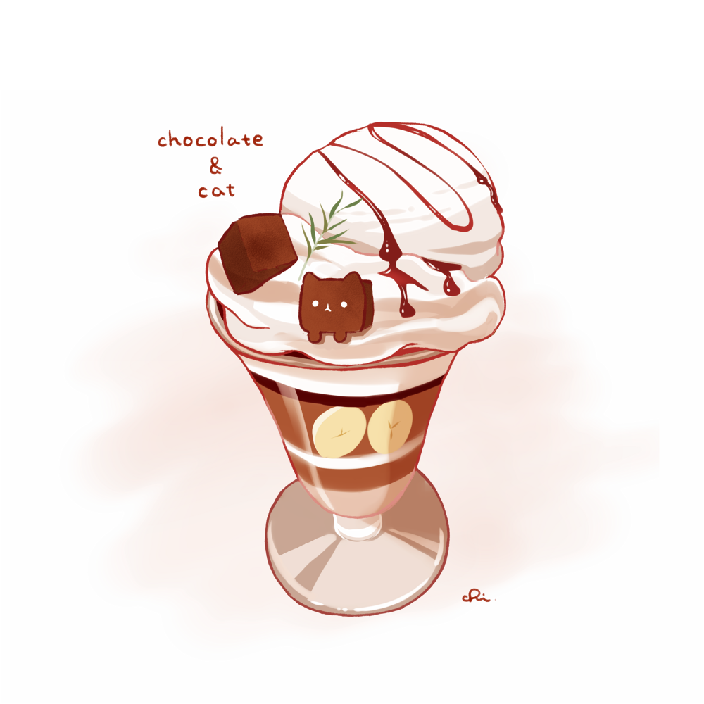 animal-themed_food banana banana_slice brownie_(food) cat chai_(drawingchisanne) chocolate chocolate_syrup commentary_request cup english_text food food_focus fruit garnish ice_cream no_humans original parfait