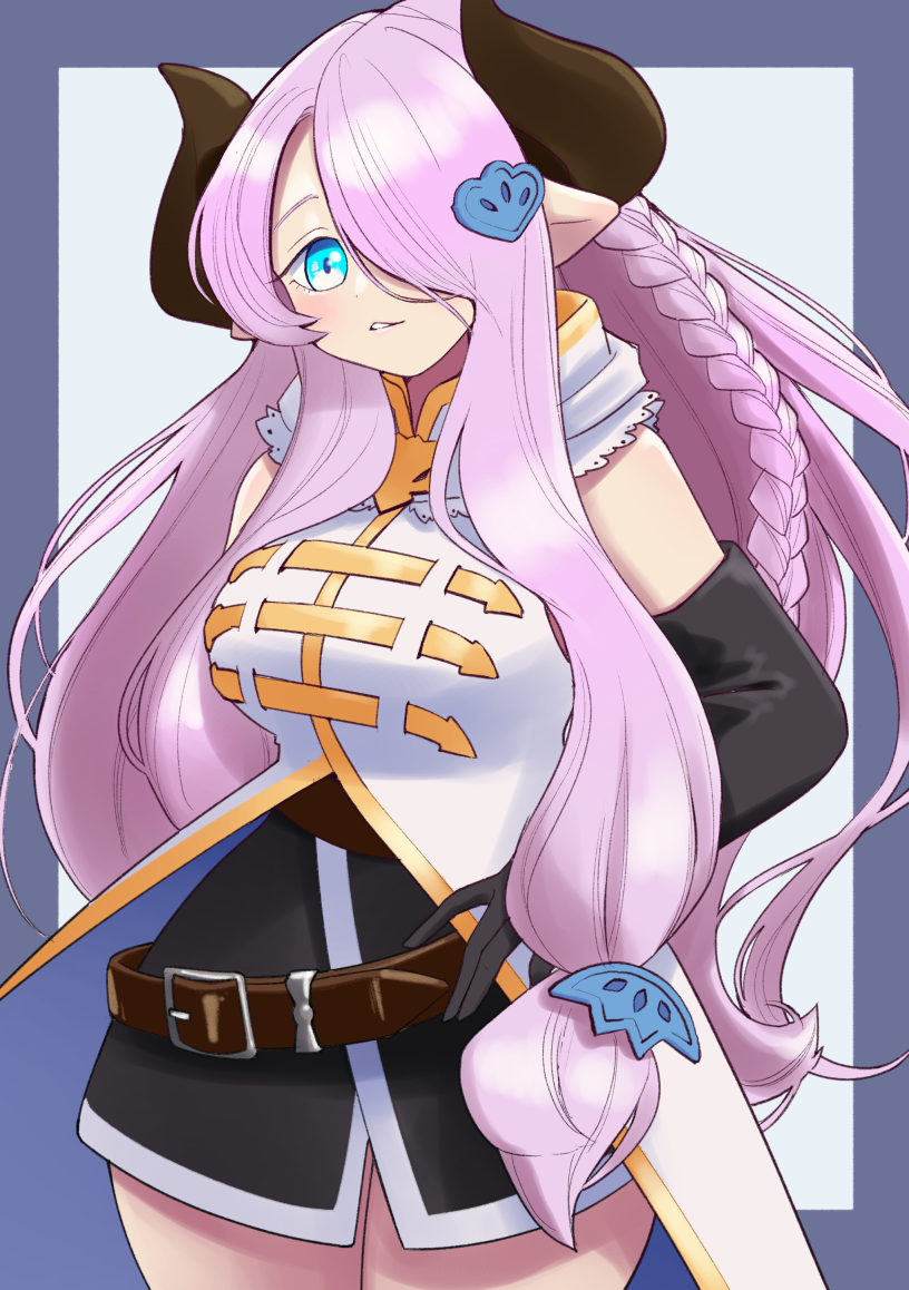 bare_shoulders belt blue_eyes bodily_fluids border breasts brown_horn cum dot_eyes draph eyelashes female genital_fluids granblue_fantasy grey_border hair hair_over_eye horn horned_humanoid humanoid humanoid_pointy_ears long_hair looking_at_viewer narmaya one_eye_obstructed pink_hair simple_background smile solo standing unousaya white_background