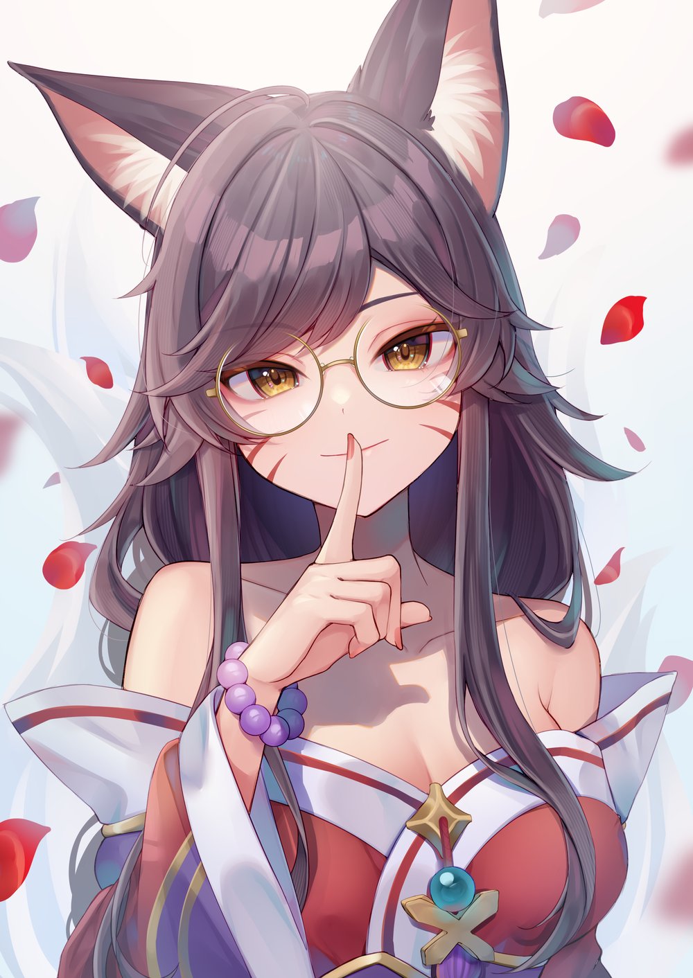 1girl ahri_(league_of_legends) animal_ears bare_shoulders bead_bracelet beads bespectacled black_hair bracelet breasts brown_eyes cleavage closed_mouth facial_mark fox_ears fox_girl fox_tail glasses hand_up highres index_finger_raised jewelry large_breasts league_of_legends looking_at_viewer momoirone petals smile solo tail whisker_markings