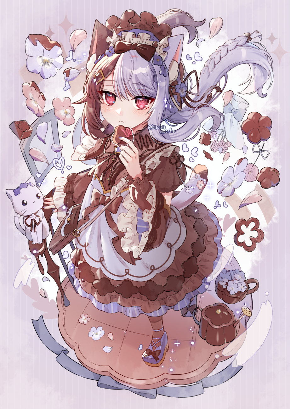 1girl animal_ear_fluff animal_ears apron blush brown_dress brown_hair brown_pantyhose cat cat_ears cat_girl cat_tail commentary dress dutch_angle flag flower food highres light_frown long_hair looking_at_viewer mirror multicolored_hair original pantyhose petals pink_flower pudding purple_apron purple_background purple_flower purple_footwear purple_hair railing red_eyes simple_background socks split-color_hair striped_background symbol-only_commentary tail tsukumi_bis