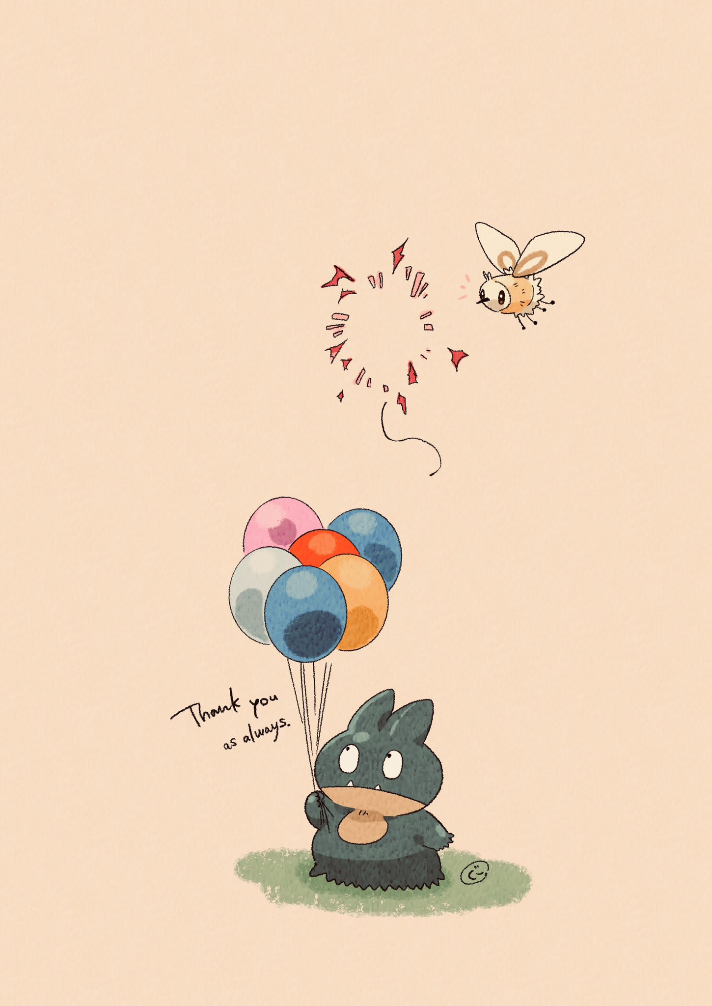 balloon closed_mouth commentary_request cutiefly english_text fangs floating highres holding holding_balloon munchlax no_humans on_grass pokemon pokemon_(creature) popped_balloon simple_background standing string thank_you white_background wings zozozoshion