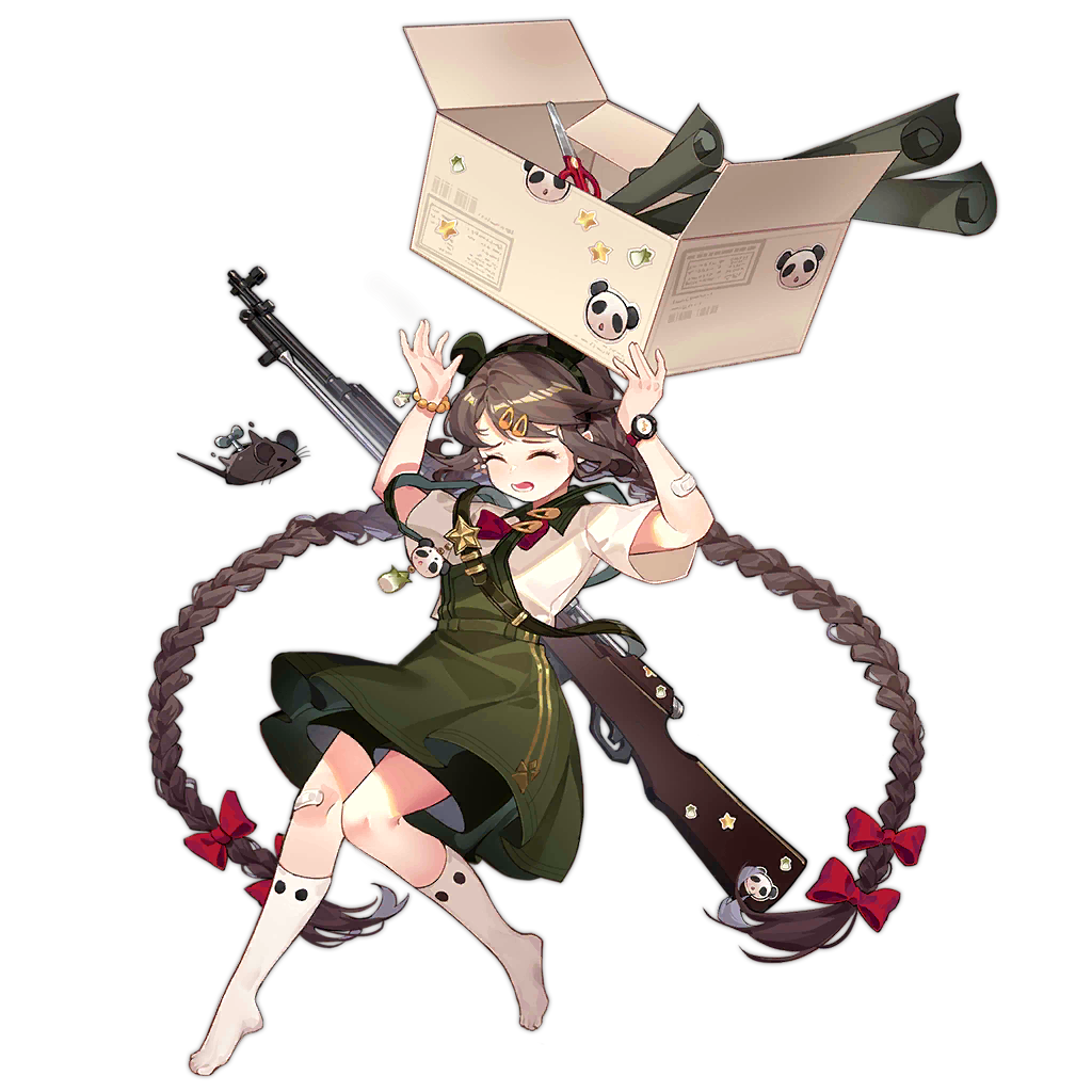 &gt;_&lt; 1girl ^^^ aged_down animal_ear_hairband animal_ears animal_sticker bamboo_shoot bandaid bandaid_on_arm bandaid_on_knee bandaid_on_leg black_shorts bow bowtie box braid brown_hair cardboard_box closed_eyes dress fake_animal_ears feet full_body girls'_frontline green_dress gun gun_on_back hair_bow hair_ornament hairband hairclip hands_up kan_(rainconan) long_hair low_twin_braids mouse no_shoes official_alternate_costume official_art open_box open_mouth panda red_bow red_bowtie red_wristband rifle safety_scissors scissors scroll scrunchie shirt short_sleeves shorts shorts_under_dress simple_background sks socks solo star_(symbol) third-party_source transparent_background twin_braids type_56_carbine_(girls'_frontline) type_56_carbine_(panda-eared_seamstress)_(girls'_frontline) very_long_hair weapon weapon_on_back white_shirt white_socks winding_key wrist_scrunchie yellow_scrunchie